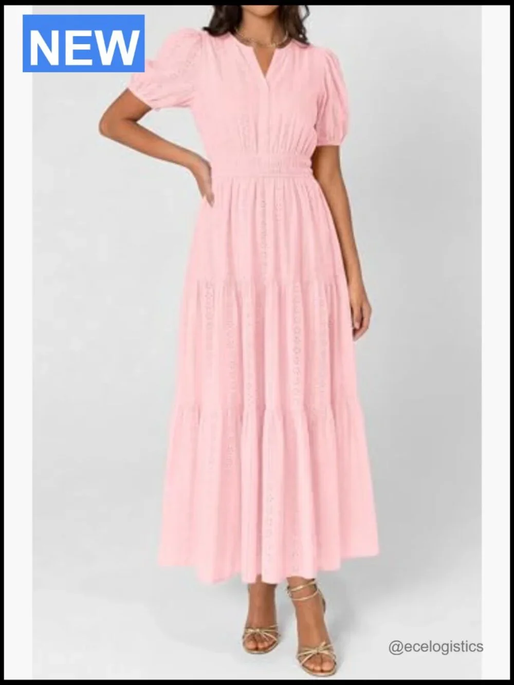 V Neck Puff Sleeve Smocked Maxi Dress Eyelet Cotton Tiered - Picture 6 of 7